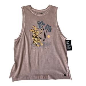 Hurley Tiger Tree Tank Top Women M Taupe Biker Cottagecore Raw Hem Beach NWT‎